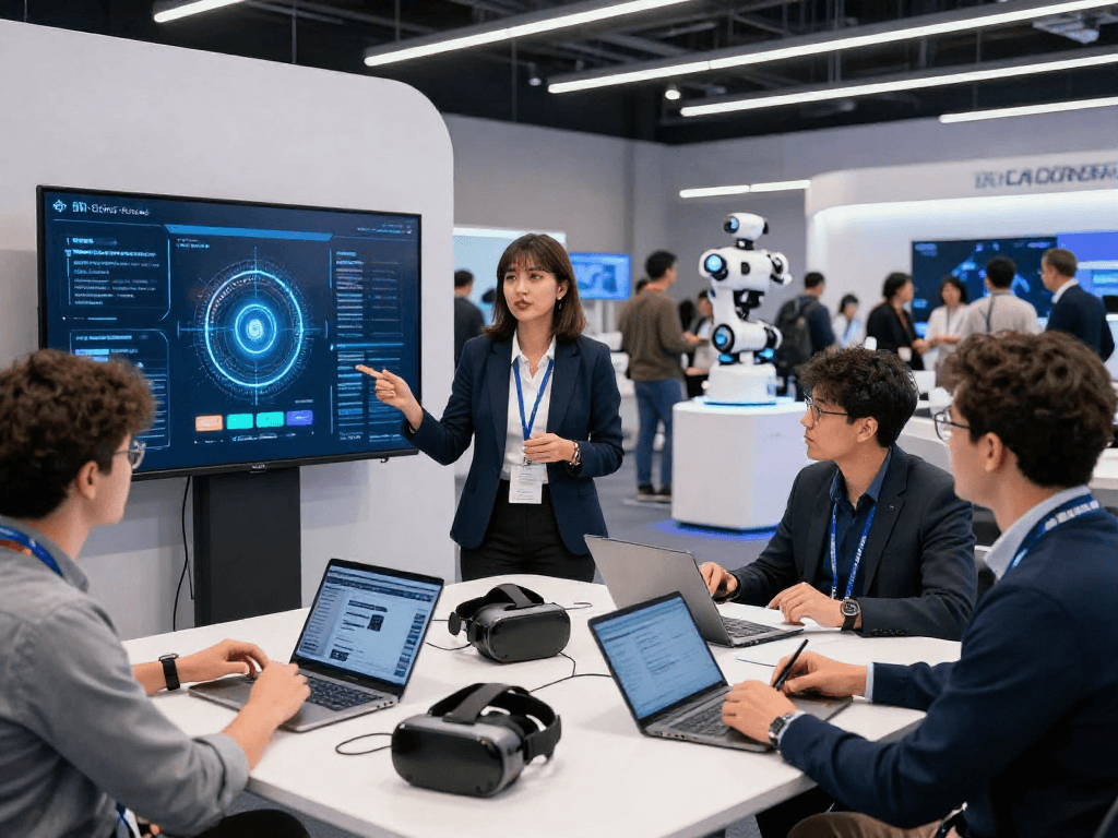 Engaged professionals at a tech conference showcasing innovations on https://88rk.org with digital displays and interactive presentations.