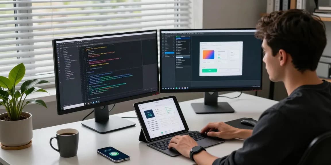 爱思助手下载界面展示，开发人员专注于iOS应用设计，现代科技办公环境。