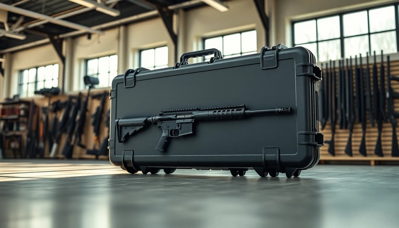 View a pelican gun case for sale showcasing its design and functionality in a showroom.