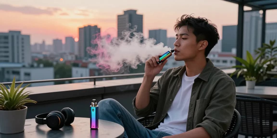 Enjoying top disposable vapes in USA during vibrant urban sunset.