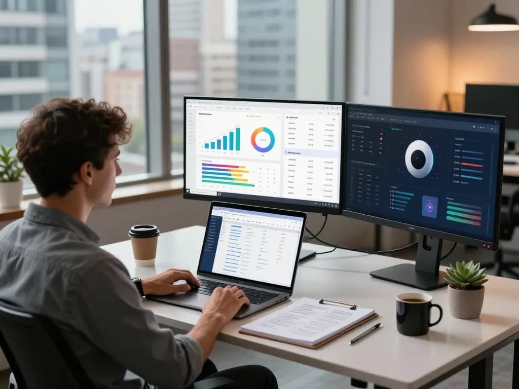 Focused data analyst in a modern workspace analyzing AI generated SEO strategies with multiple monitors and analytics.