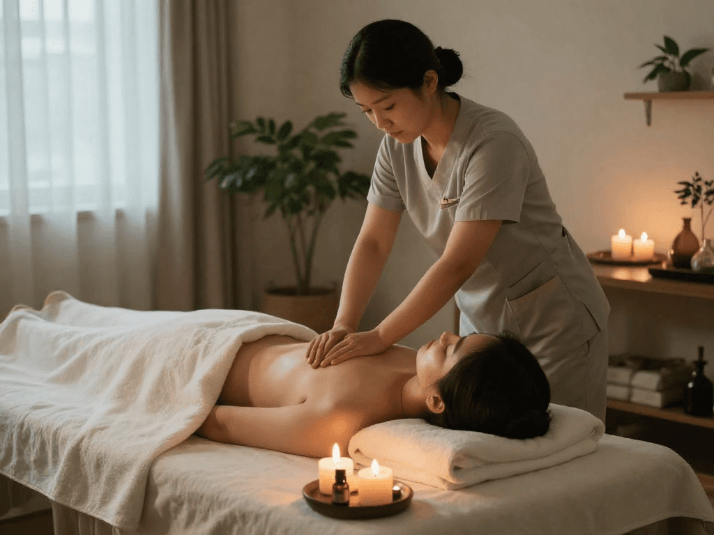 In-home 인천출장마사지 session showcasing a professional therapist providing a calming massage experience.