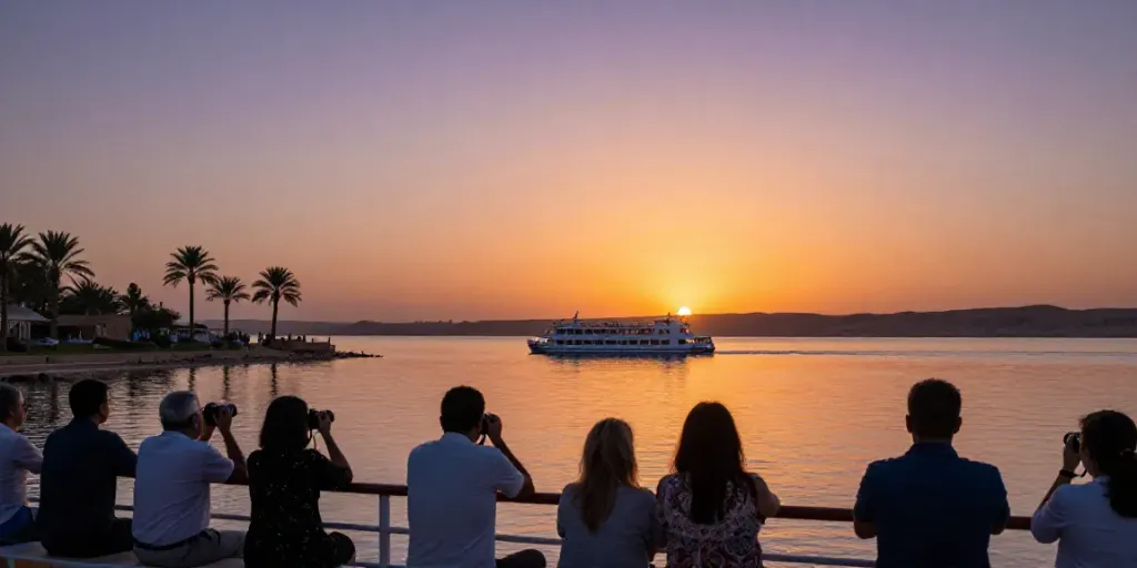 Lake Nasser Cruise with luxury ship at sunset featuring travelers enjoying scenic views
