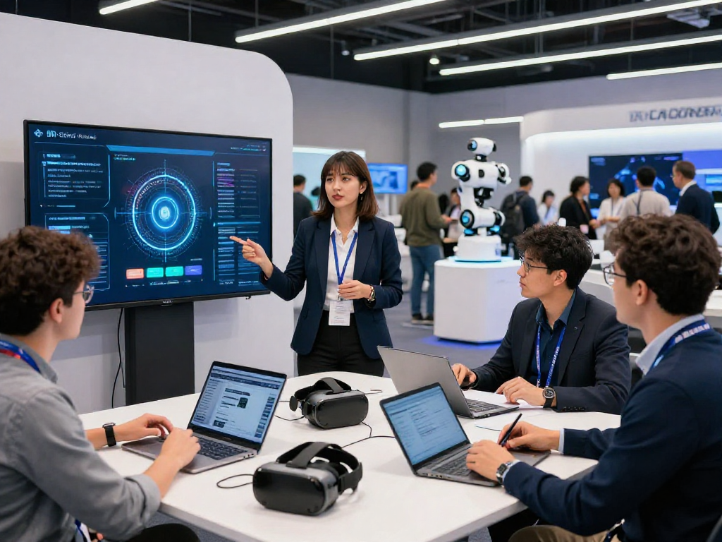 Engaged professionals at a tech conference showcasing innovations on https://88rk.org with digital displays and interactive presentations.