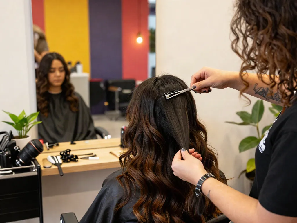 Professional stylist applying hair extensions and accessories in a vibrant salon.