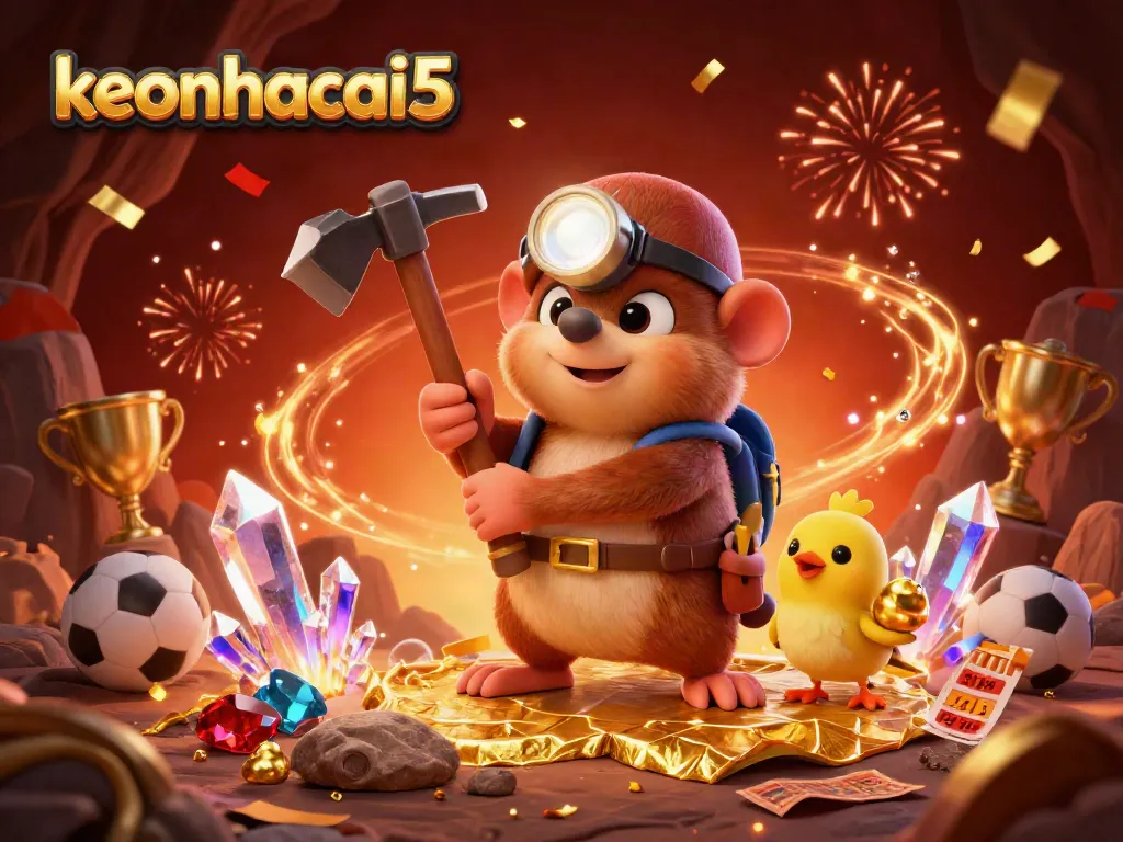 keonhacai5 showcases a treasure hunter mole exploring a vibrant sports betting cave surrounded by glowing gems.