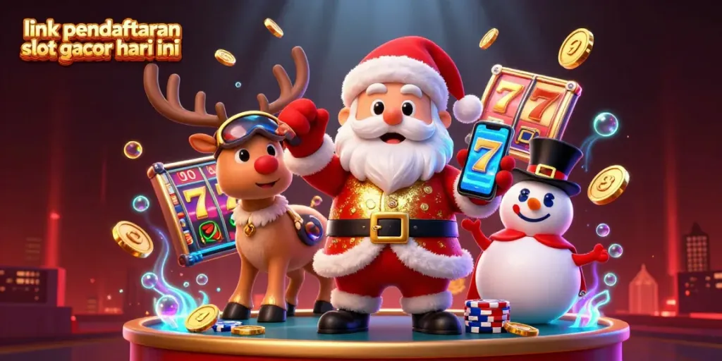 Engaging illustration of Santa and friends promoting link pendaftaran slot gacor hari ini in a vibrant casino.