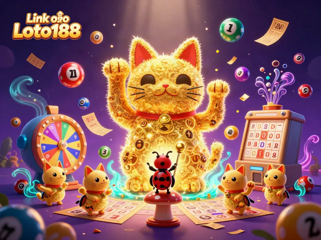 Experience thrilling lottery excitement with Link vào Loto188 featuring animated lucky cat and vibrant game elements.