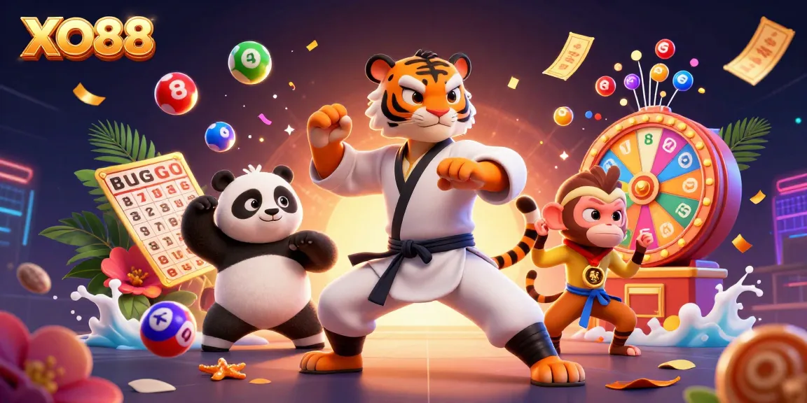 Experience thrilling moments with XO88 as the cartoon kung fu tiger leads playful characters amidst vibrant casino elements.
