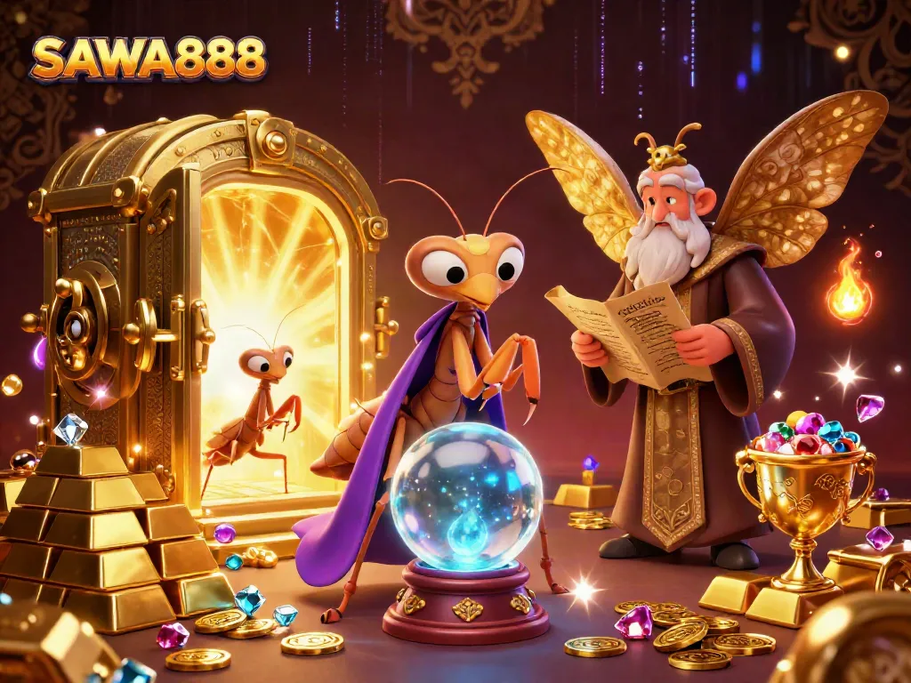 Engage with SAWA888's magical casino world featuring vibrant characters and treasure elements.