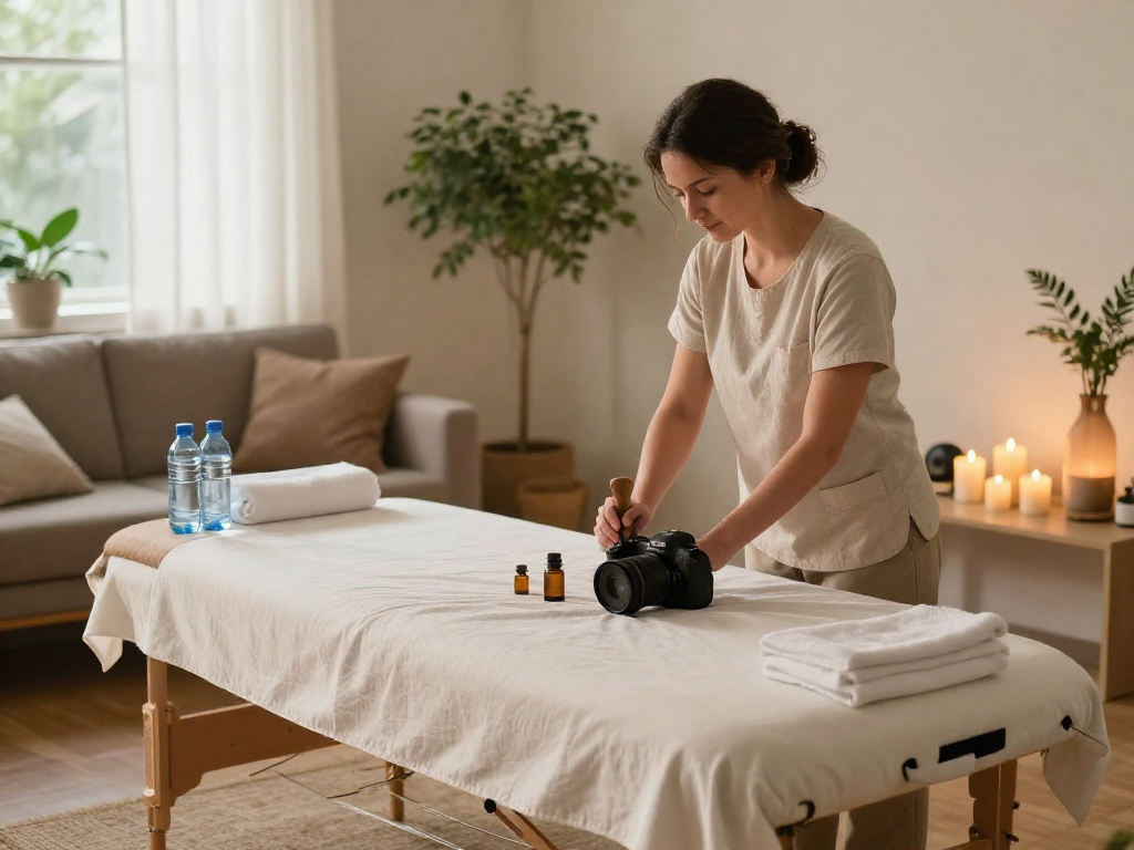 Relaxing 안산출장안마 scene with therapist preparing for home massage in a serene environment.