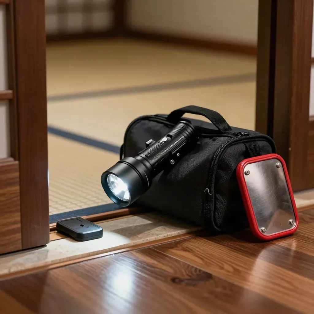 Self-defense kit by a dojo exit with flashlight, door wedge, pouch, and focus shield