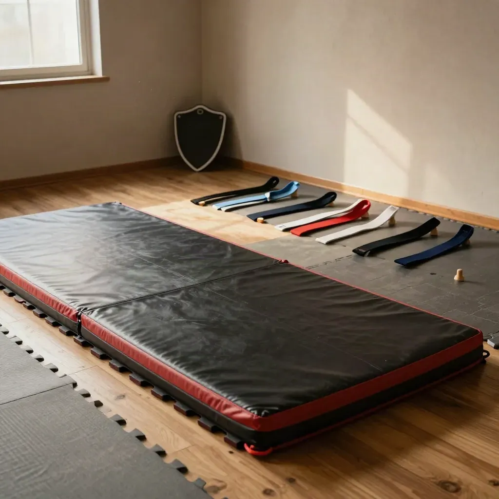 Sunlit kids karate corner with pads, belt pegs, and puzzle mats in a quiet dojo.