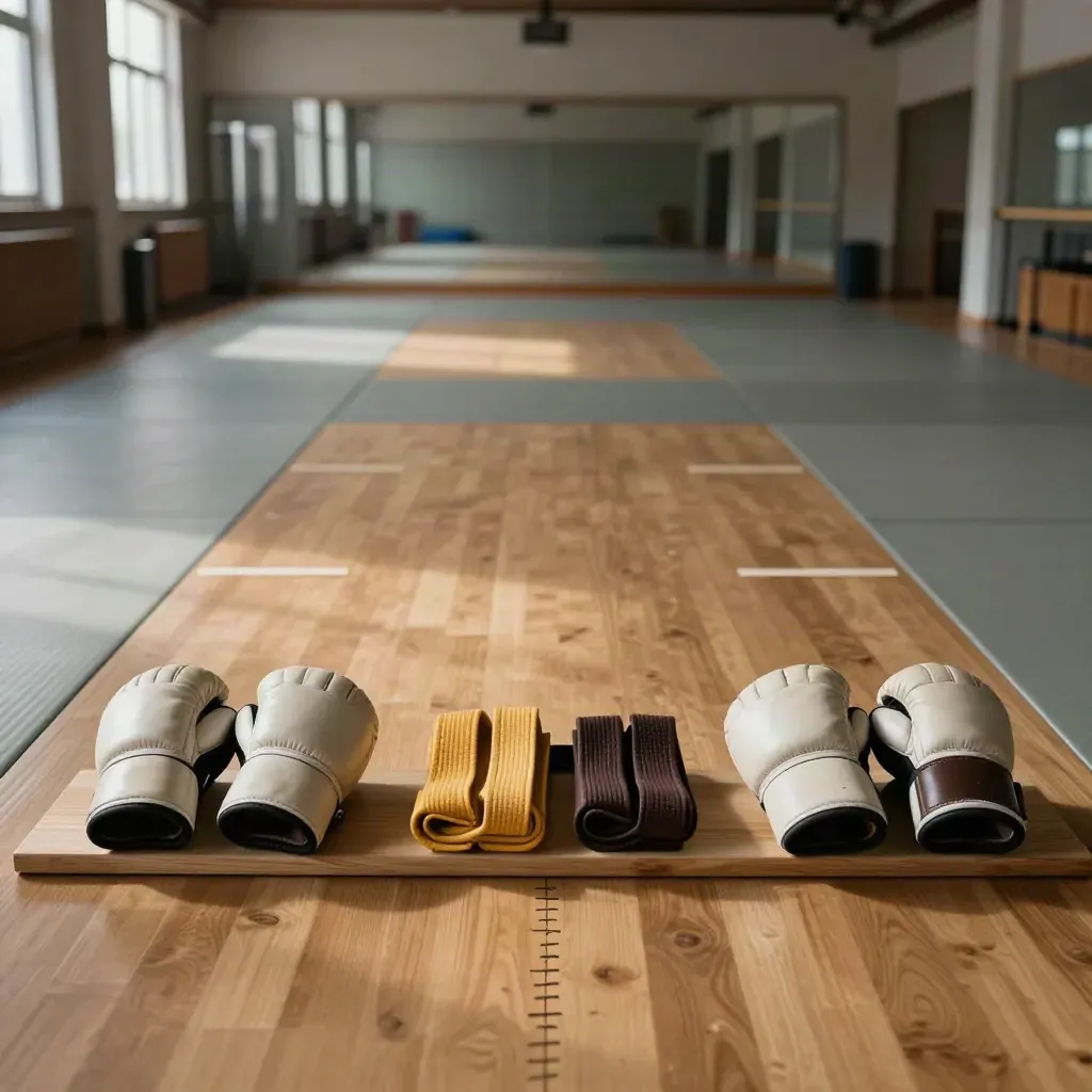 Empty dojo lane with gloves, belts, and floor markers in warm side light