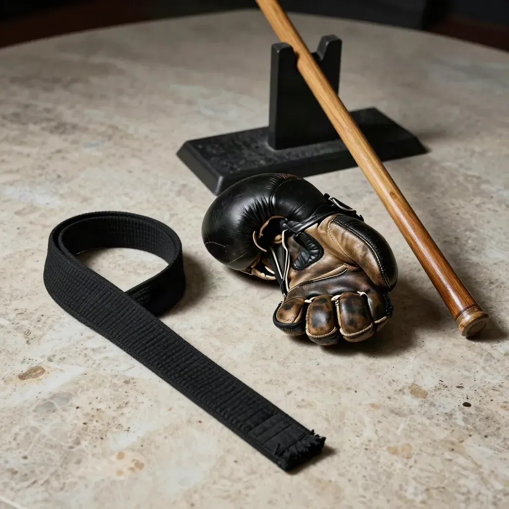 Black belt, worn focus mitts, and jo staff in a dramatic still life against a dark rack.