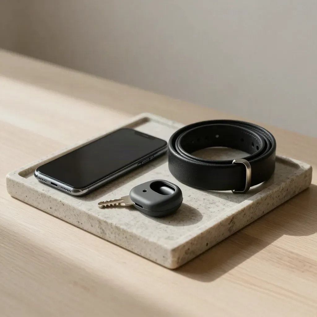 Top-down still life of a phone, key, mouthguard case, and coiled black belt on a stone tray.
