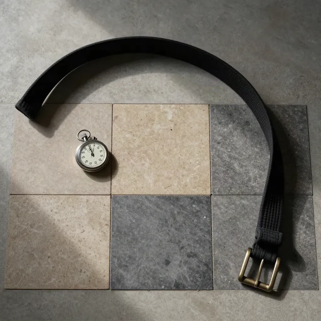 Overhead flatlay of a black belt, six floor tiles and a stopwatch on pale concrete.