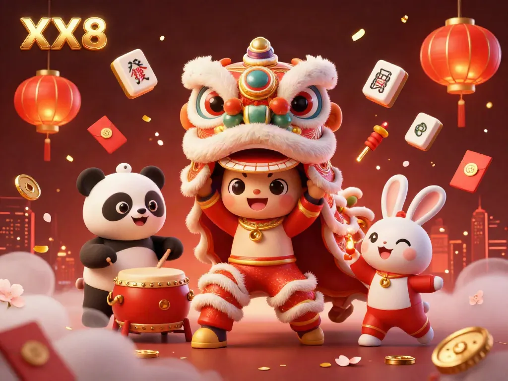 Engage in the dynamic world of gambling with XX8, showcasing a lively lion dance, drumming panda, and festive elements.