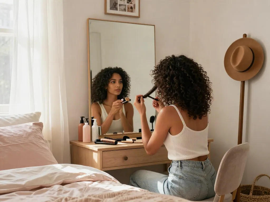 Apply curly hair extensions in a cozy bedroom setting with natural light.