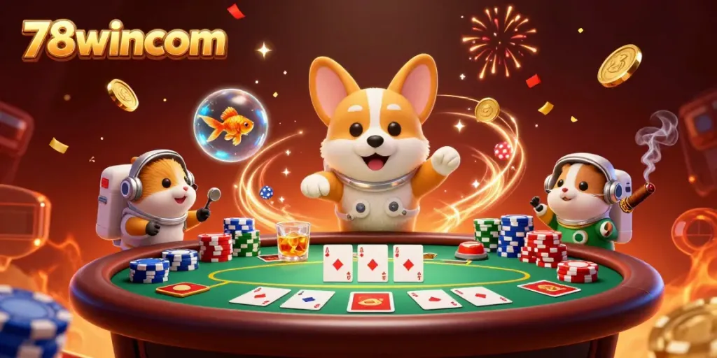 Experience thrilling gameplay at 78wincom featuring a floating corgi, poker chips, and casino excitement.