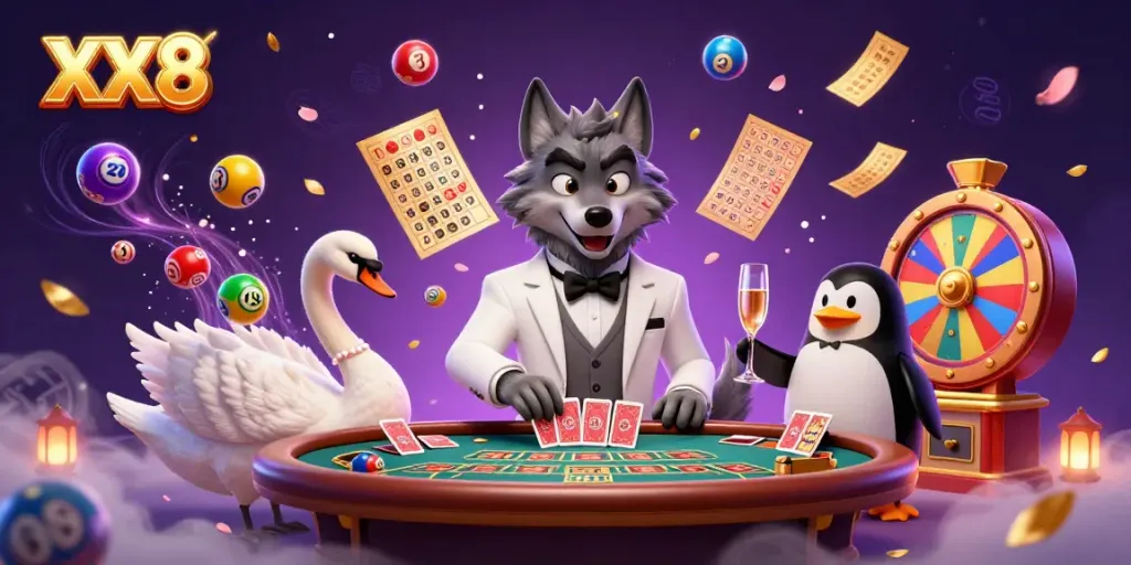 Engage in dynamic XX8-themed casino action with a wolf, swan, and penguin amidst vibrant gaming elements.