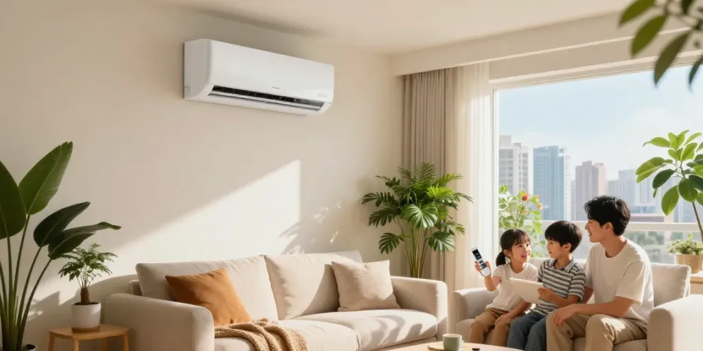 Family relaxing in a sunlit living room with mini split AC for efficient cooling