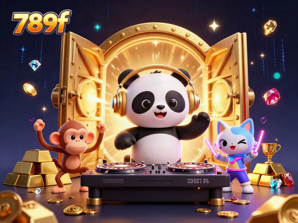 Engage with the vibrant casino atmosphere at 789f featuring a DJ panda, dancing monkey, and glow-stick kitten.