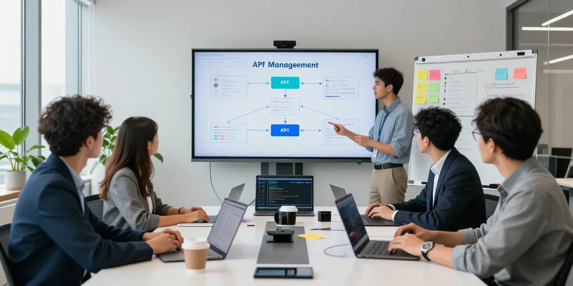 Team collaborating on API infrastructure solutions with Waygrid in a modern office setting.