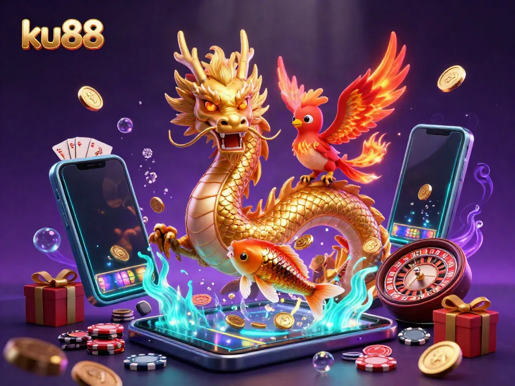 Experience the thrill of ku88 casino with a stunning dragon and phoenix scene surrounded by vibrant gaming elements.