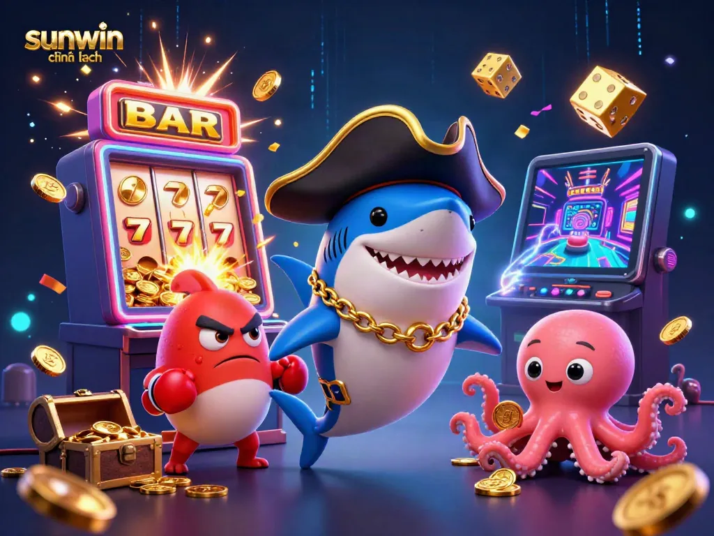 Experience the excitement of sunwin chính hãng with a vibrant 3D casino scene featuring colorful characters and gold coins.