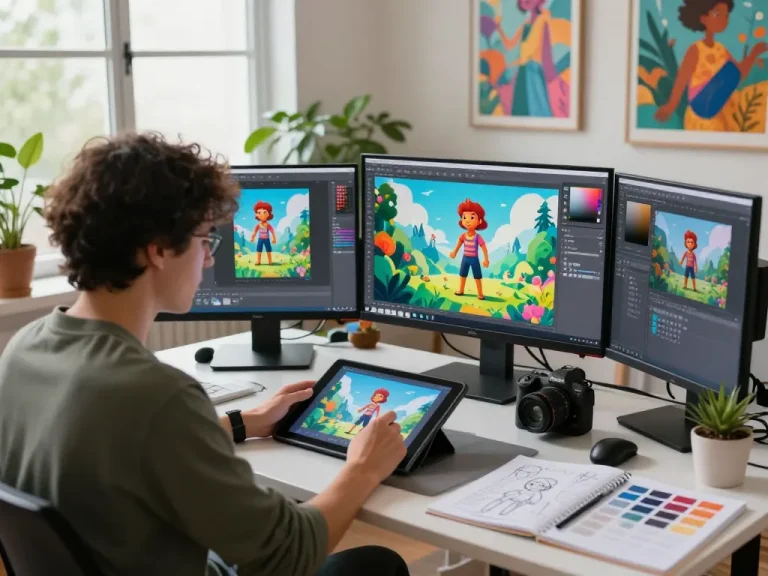 Artist creating vibrant digital characters with sex AI technology in a modern studio.