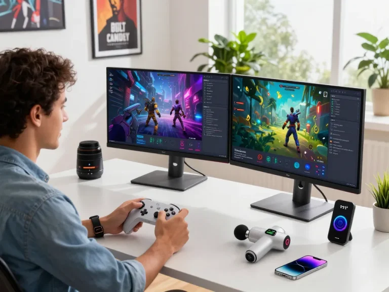 Exploring trending tech gadgets in a modern workspace with Bluetooth devices and vibrant gaming displays.