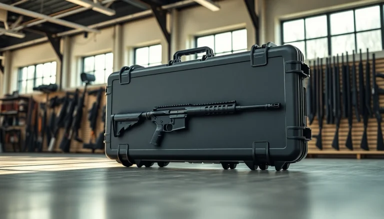 View a pelican gun case for sale showcasing its design and functionality in a showroom.