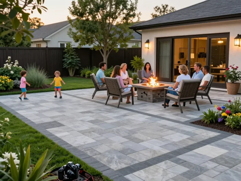 Paver driveway near me with a beautiful design, family enjoying a cozy fire pit in a landscaped backyard.