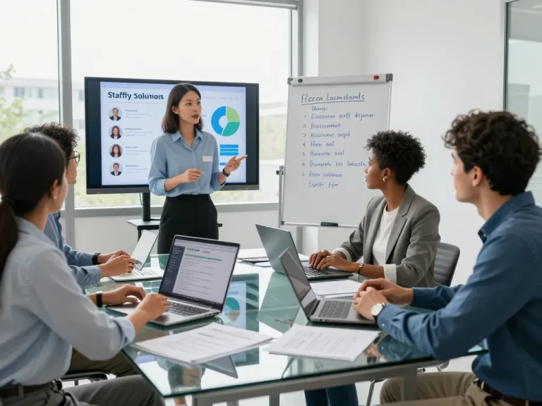 Engaging meeting among staffing agency professionals discussing temporary staffing agencies solutions and analytics in a bright corporate office.