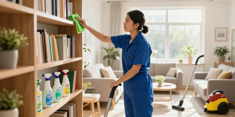 Professional cleaner providing reinigungen bern service in a bright and tidy living room, enhancing cleanliness and home comfort.