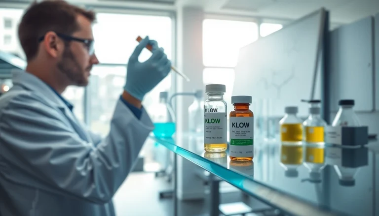 KLOW peptide research compound showcased in a professional lab environment.