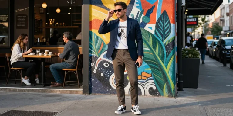 Stylish man in men's fashion outfit against urban backdrop showcasing contemporary styling.