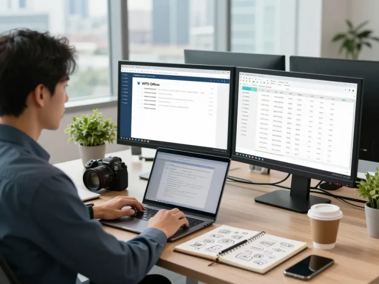 WPS 下载 workspace with professional using dual monitors, documents, and coffee in modern office.