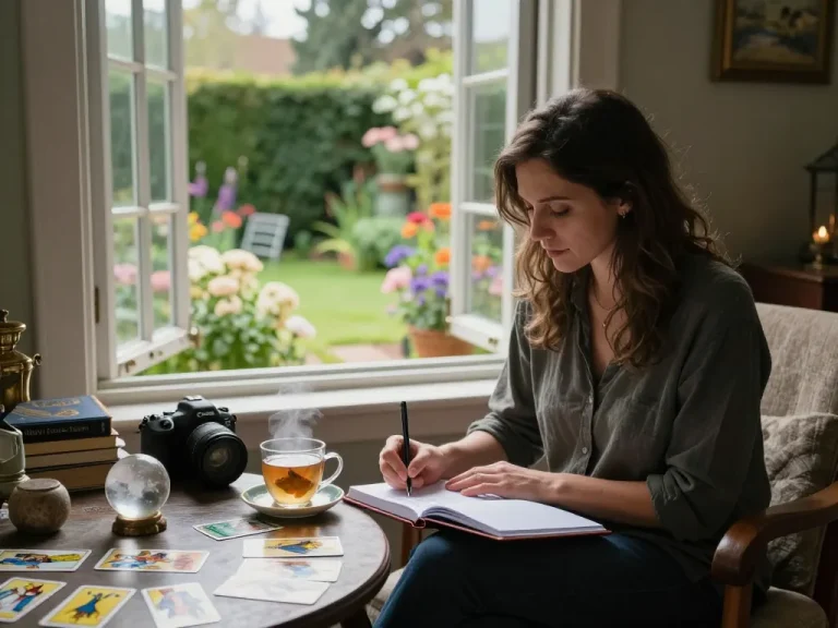 How to break a trauma bond: Woman journaling insights in a peaceful home office filled with spiritual elements.