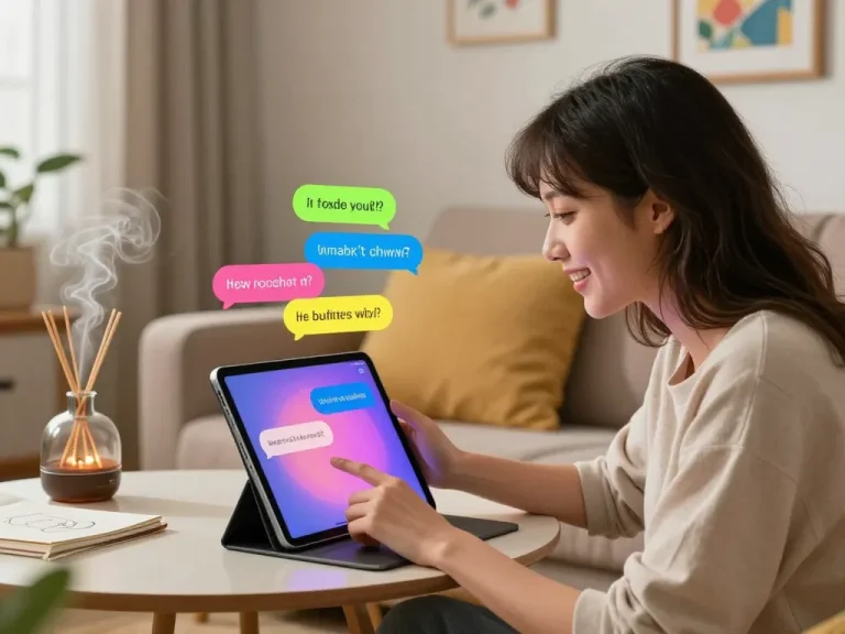 User engaging with a porn AI chat on a tablet in a cozy digital environment.