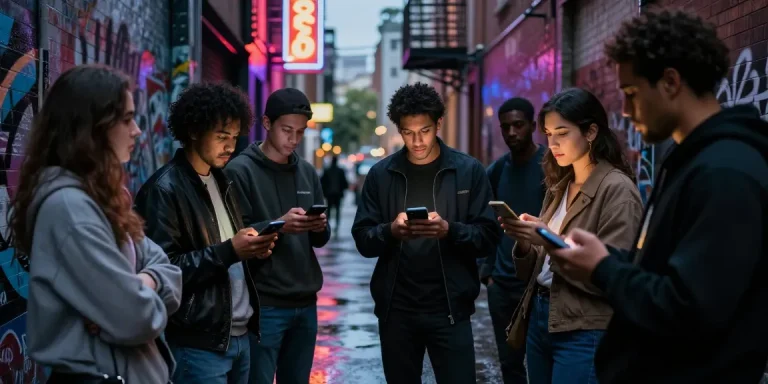 Group discreetly discussing how to buy crystal methamphetamine online in an urban alley, illuminated by city lights.