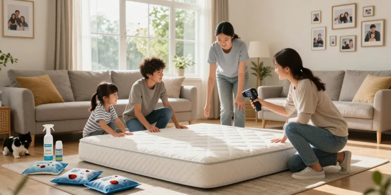 Family inspecting mattress for bed bug heat treatment using modern detection tools and products.