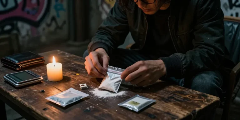 Examining cocaine powder online, a person with a scale and wallet in an underground scene.