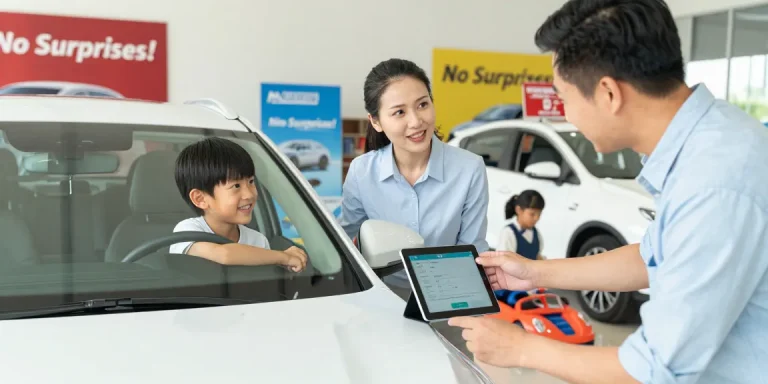 The family checks an HPI check alternative at a car dealership, ensuring informed car purchase decisions.