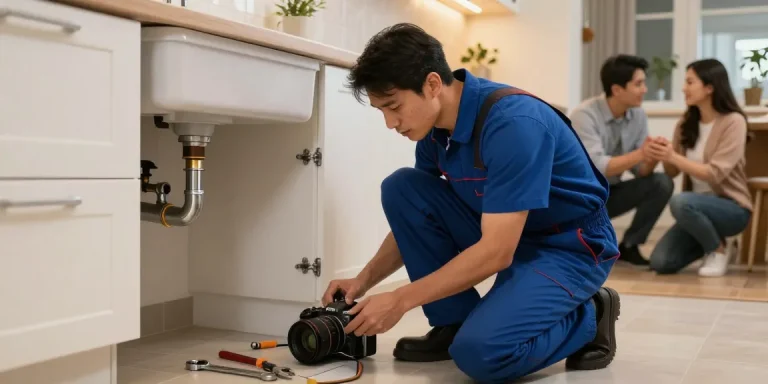 Emergency plumber San Diego repairing a leaking pipe under the sink in a residential kitchen.