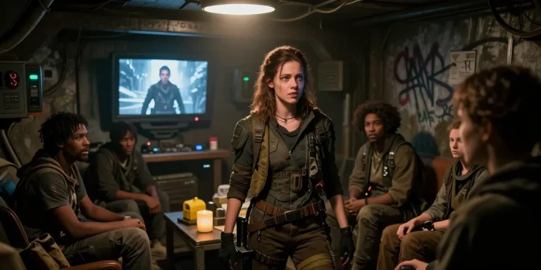Young woman using empath psychic powers in a dystopian hideout, symbolizing rebellion.