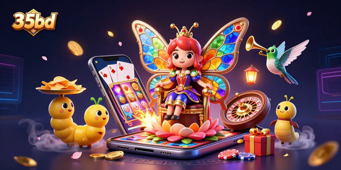 Engage with 35bd's vibrant casino scene showcasing a butterfly queen amidst dynamic gaming elements.