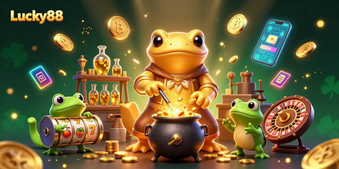 Engage with Lucky88 as golden coins and modern digital elements create a vibrant casino scene.