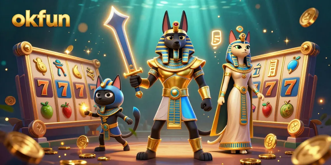 Experience thrilling slots with okfun's vibrant 3D illustration of Anubis and Bastet, celebrating casino excitement.